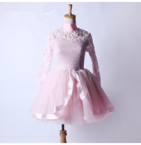 Light pink long lace sleeves turtle neck backless girls kids children stage performance tutu skirt competition swan lake ballet dancing dresses outfits